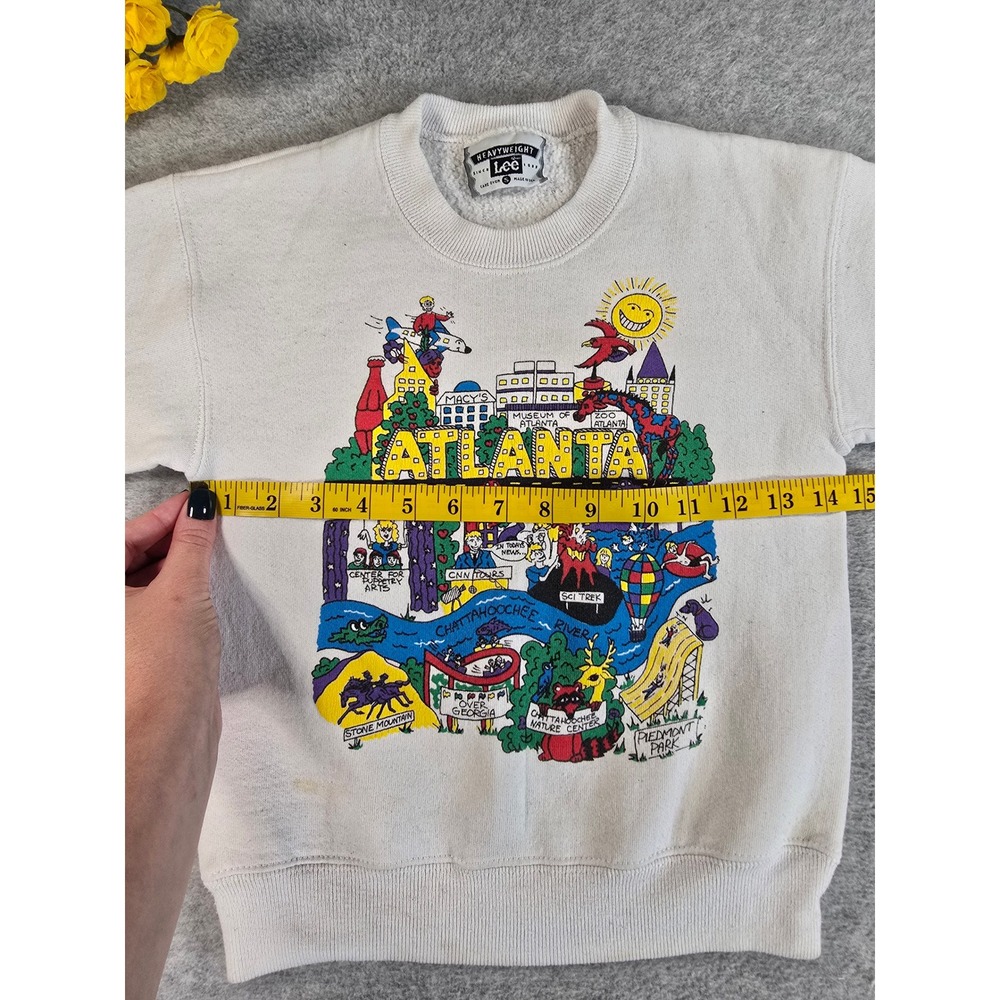 Vintage 90s Distressed Lee Atlanta Georgia Souvenir Crewneck Kids Small White - Picture 7 of 11